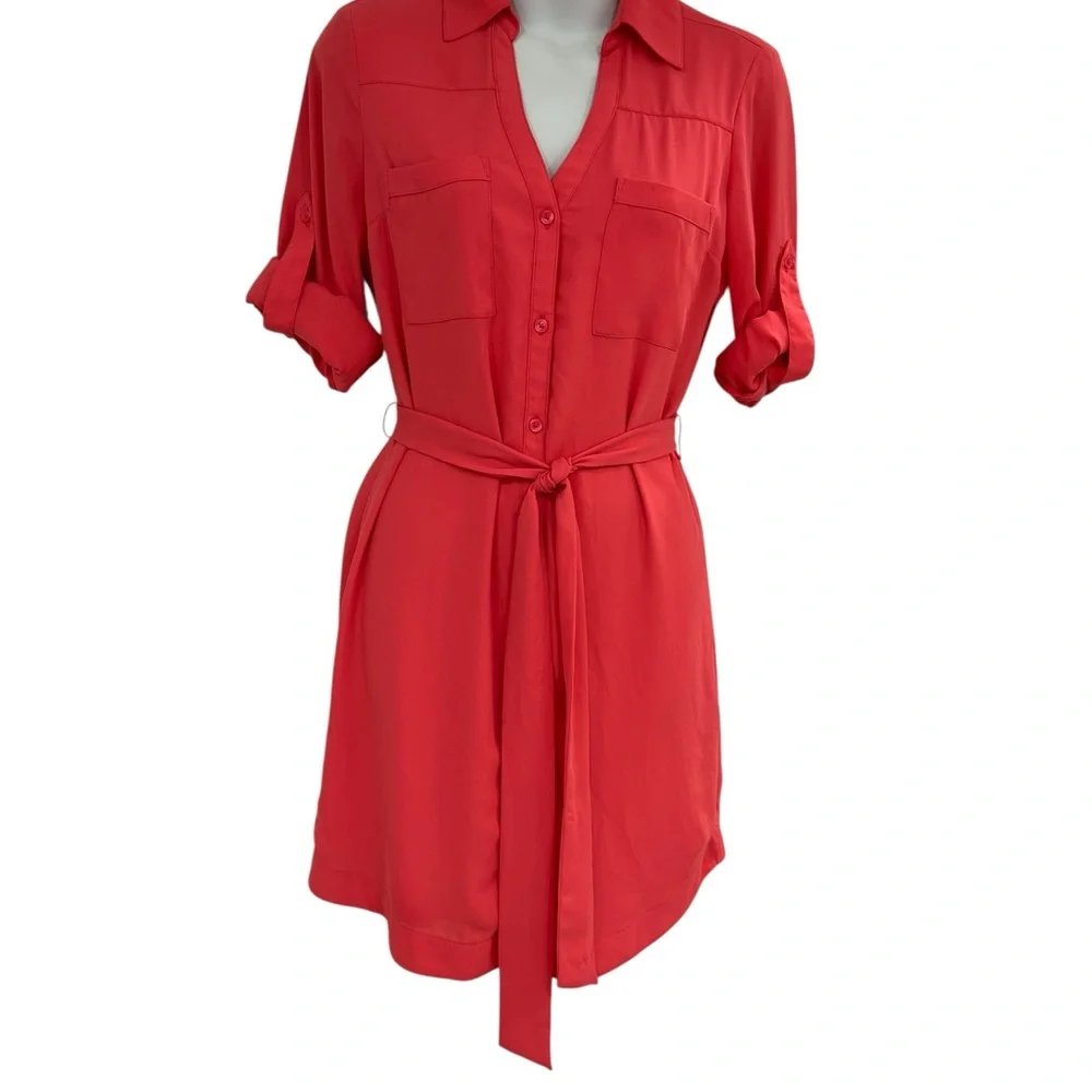 Express Red Long Sleeve Notched Collar Shirt Dress size XS Extra Small Summer